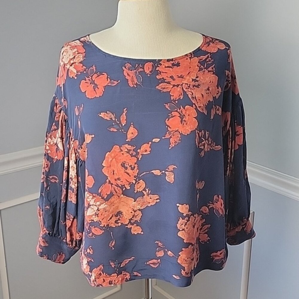 ODILLE | ANTHRO 100% Silk Night Phlox Blue Peach‎ Floral Boho Puff Sleeve Top 4